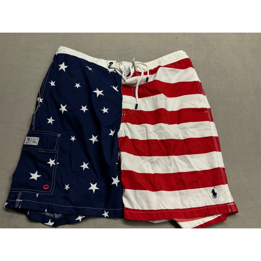 Polo Ralph Lauren Mens XXL American Flag Stars and Stripes Swim Trunks Red Blue